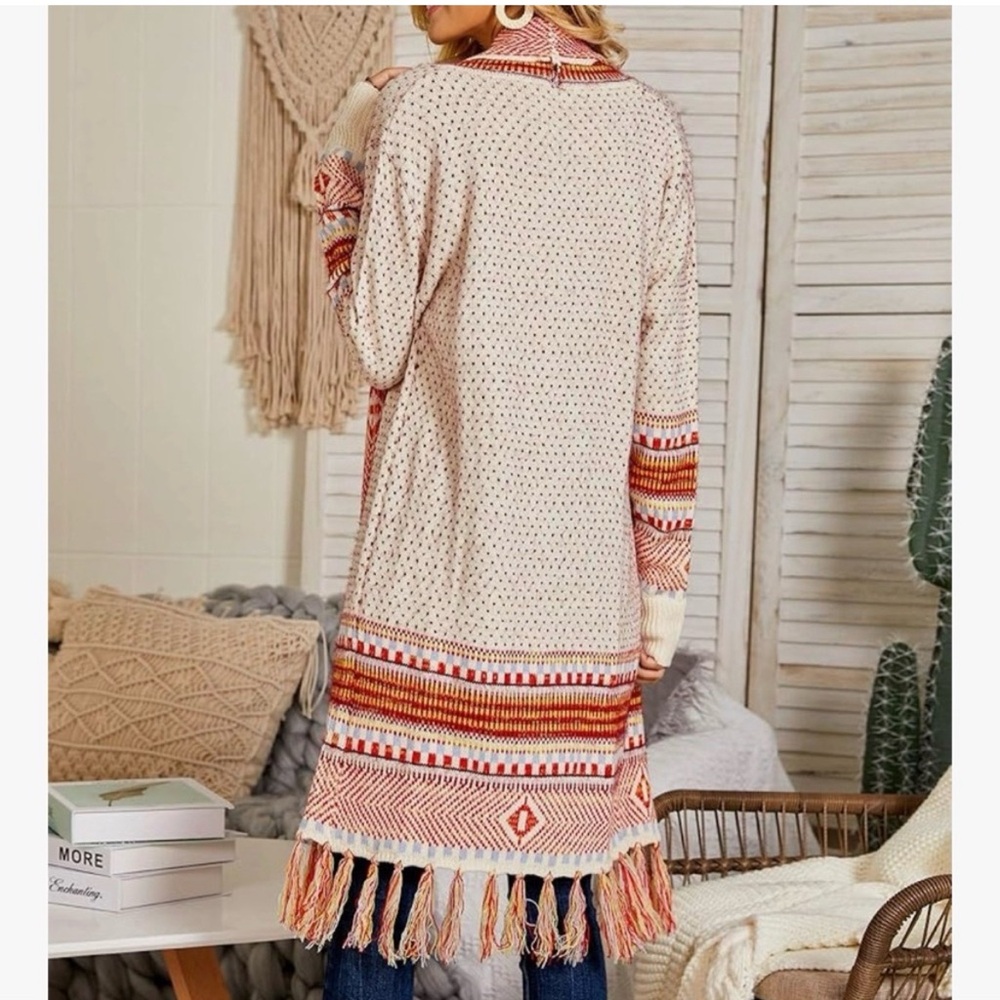 Boho Long Open Cardigan Sweater Maxi Knit Sweaters Aztec Tribal Tassel Sz Medium - Picture 9 of 10